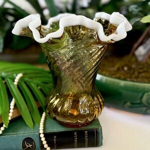 Fenton Amber Glass Spiral Optic Snow Crested Vintage Vase